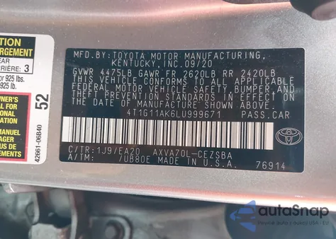 2020 Toyota Camry Se z USA, uszkodzony, nr VIN 4T1G11AK6LU999671